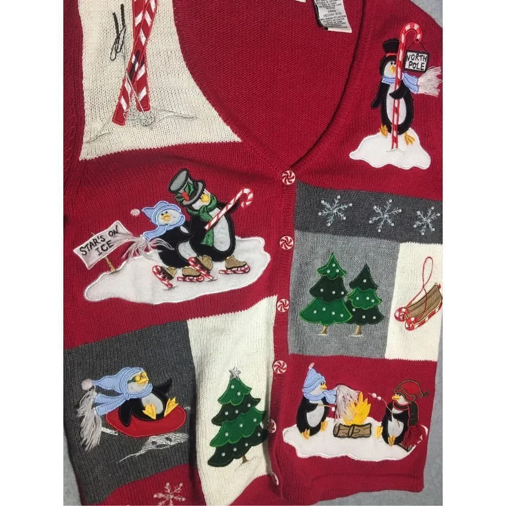 Womens White Stag Cardigan Size Medium Christmas Penguins Holidays Party - Picture 2 of 6